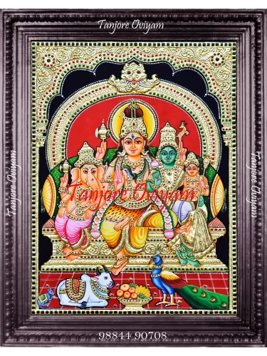 Shiva Family Tanjore Painting with Lord Shiva, Parvati, Ganesha, and Murugan